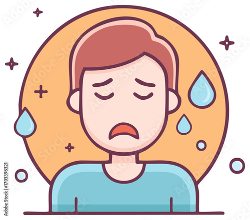 Distressed person with sweat drops illustrating a fever or illness in a minimalist cartoon style vector