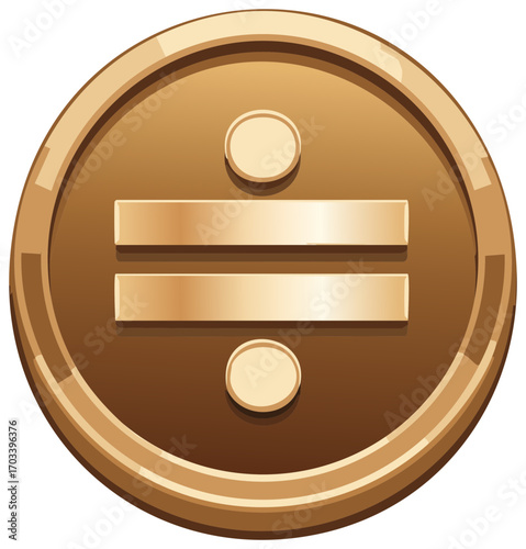 Shiny gold coin or medal with a mathematical division symbol icon for finance and education