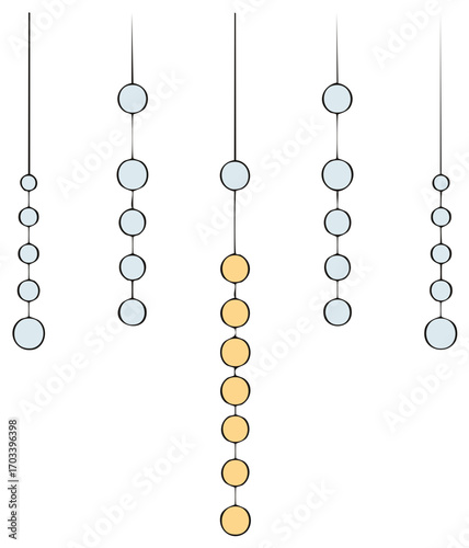 Hanging circle elements in different sizes and colors, creating an abstract decorative display