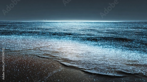 Bioluminescent night beach scene