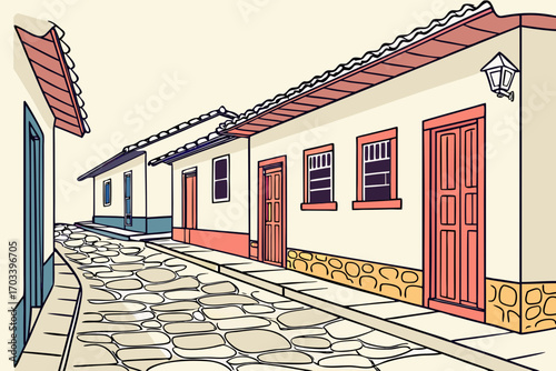 Charming Cobblestone Street with Colorful Buildings.