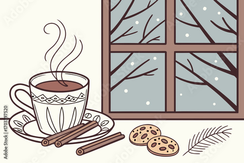 Cozy Winter Scene with Hot Drink and Cookies.
