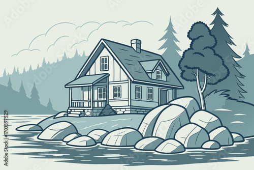 Cozy Lakeside Cabin Surrounded by Pine Trees and Rocks.