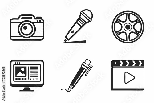 Creative Media Icons Collection Camera Microphone Film Reel Computer Pen Clapperboard.