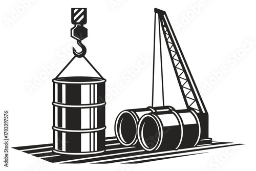 Crane lifting industrial pipes and barrels.