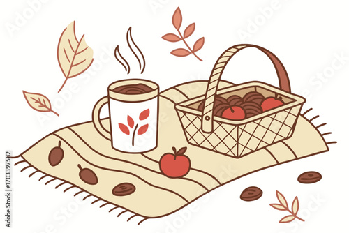 Cozy Autumn Picnic with Hot Drink and Apples.