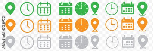 Address time date icons set. Address location icon. Clock icon. Calendar icon. Time, date and address icon set. Modern flat style, perfect for apps, maps, schedules, and business use. Vector Eps 10
