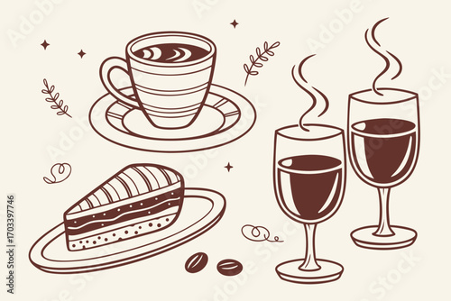 Delicious Coffee Cake and Wine Illustration.