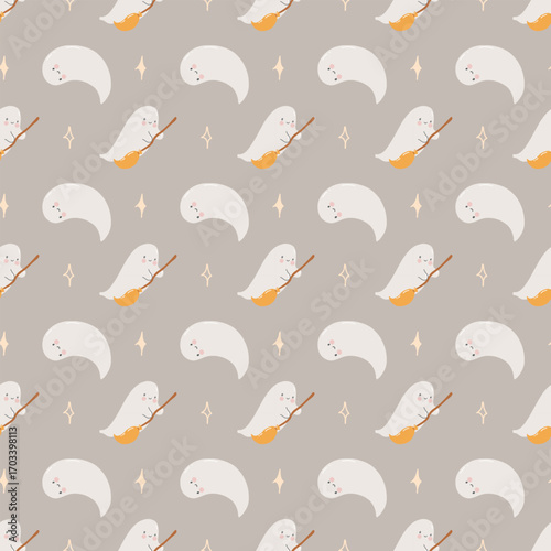 Halloween pattern with cute little ghosts on broomsticks and stars. Seamless autumn pattern with hand drawn funny ghosts on beige background. Cute cozy childrens background for Halloween. Pastel