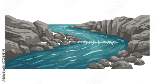 River Flowing Through Rocky Landscape Illustration.