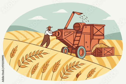 Farmer Operating Combine Harvester in Wheat Field.