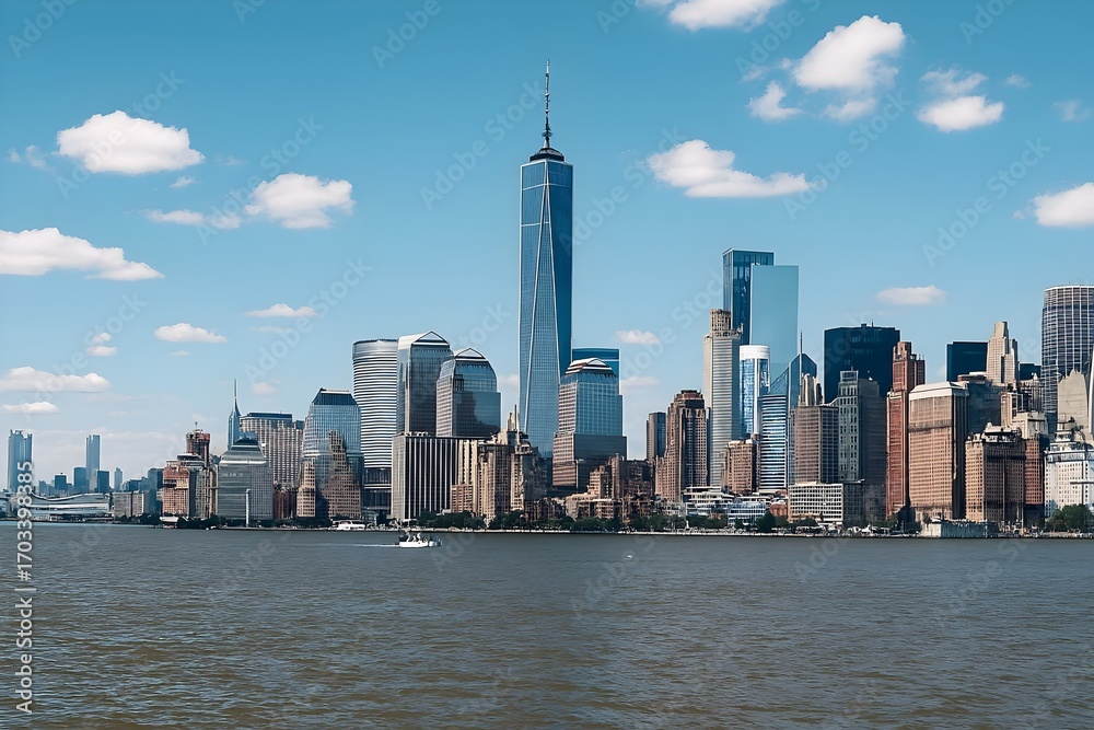 Obraz premium Scenic view of the new york city skyline featuring the one world trade center against a blue sky with fluffy clouds, showcasing urban architecture