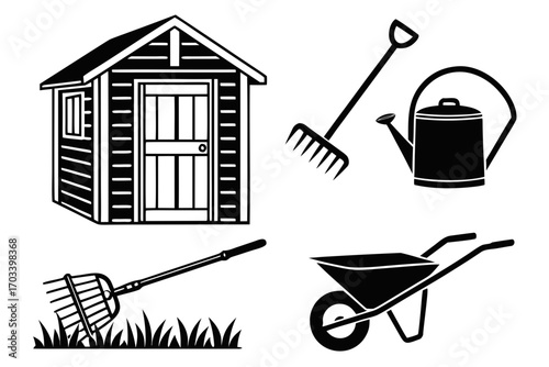 Garden Shed and Tools Icon Set.