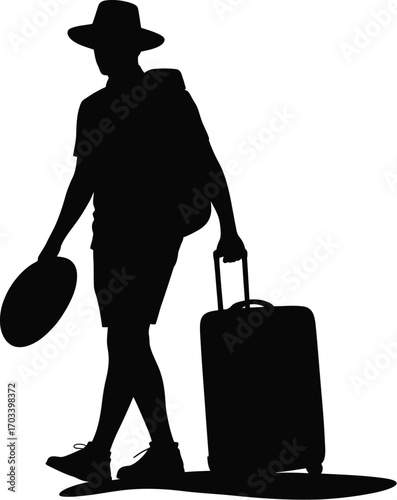 Traveler with hat and luggage silhouette person