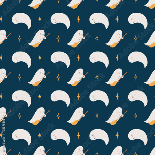 Halloween pattern with cute little ghosts on broomsticks and stars. Seamless autumn pattern with hand drawn funny ghosts on dark blue background. Cute cozy childrens background for Halloween. Pastel