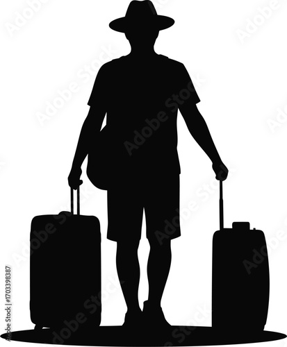 Traveler with luggage and hat silhouette person