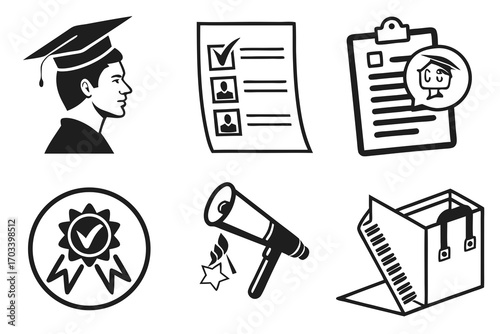 Graduation Checklist Clipboard Award Megaphone Open Box Icons.