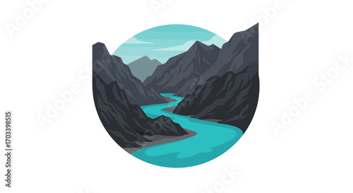 Winding River Through Rocky Mountains in a Circular Frame.