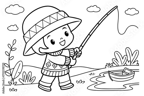 Happy Child Fishing by the River with Boat.