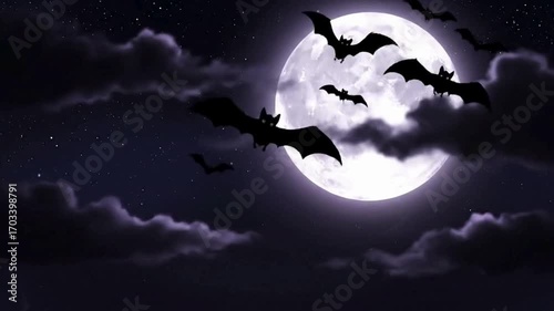 Animated Halloween night sky with full moon, flying bats, and drifting dark clouds background