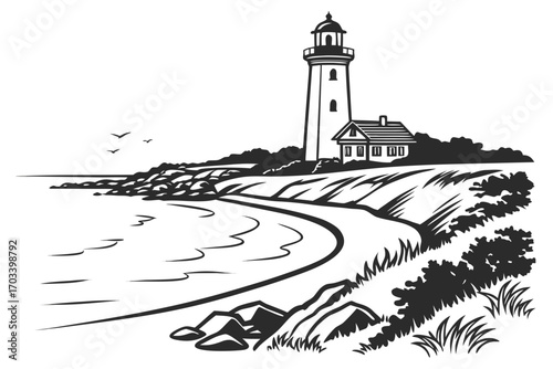 Iconic Lighthouse on Rocky Coastline with Ocean View.