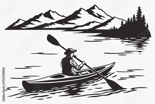 Kayaker Paddling on Lake with Mountain Backdrop 1.