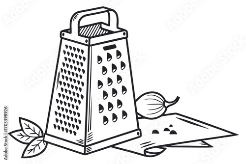 Kitchen Grater with Onion and Herbs.
