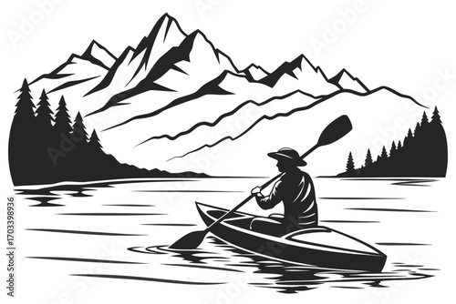 Kayaker Paddling on Lake with Mountain Backdrop.