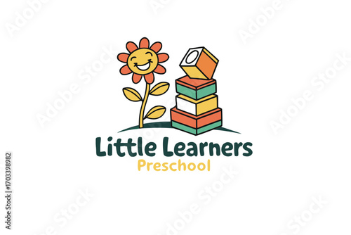 Little Learners Preschool Logo with Smiling Flower and Blocks.
