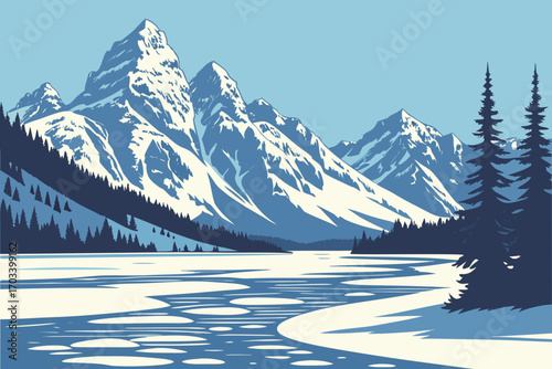 Majestic SnowCapped Mountains Over Frozen Lake.