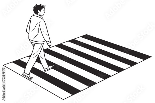 Man walking across a black and white striped crosswalk.