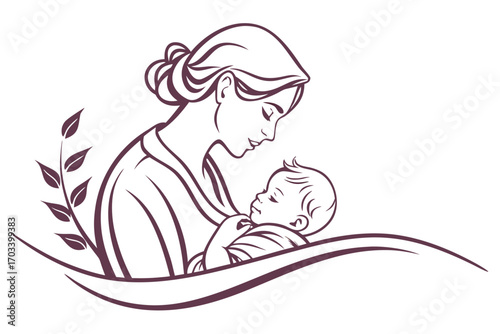 Mother Holding Baby with Gentle Embrace and Floral Accent.