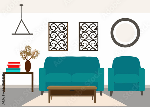 Modern living room with teal sofa armchair and decorative wall art