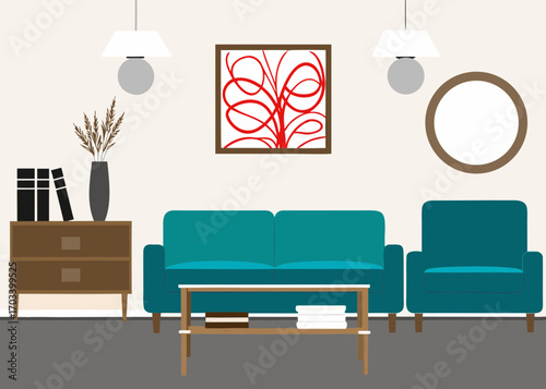 Modern living room interior with teal sofa and armchair