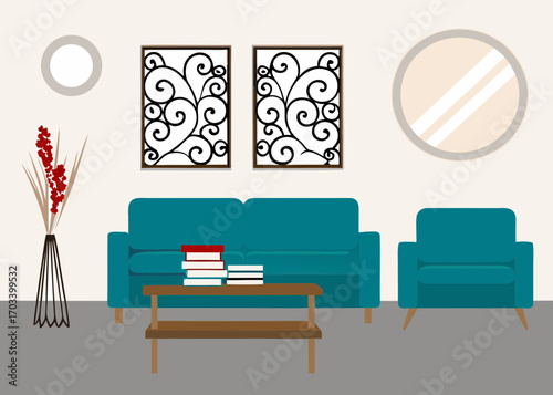 Modern living room with teal sofa armchair and decorative wall art