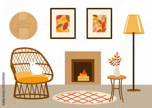 Cozy living room scene with fireplace and bunny