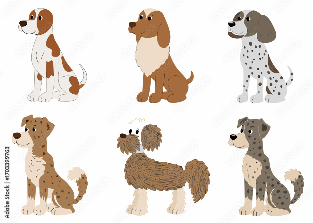 Obraz premium Collection of six cartoon dogs with different breeds and patterns