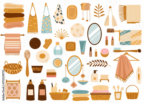 Collection of bathroom and personal care items in a flat design style