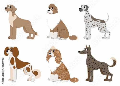 Collection of six different cartoon dogs in various breeds and colors