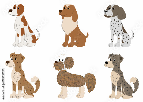 Collection of six cartoon dogs with different breeds and patterns