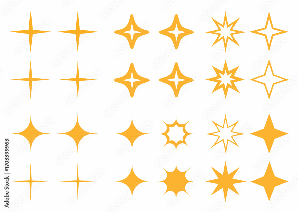 Obraz premium Collection of yellow starburst sparkle icons and symbols on white background