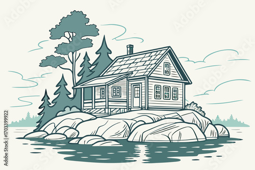 Rustic Lakeside Cabin Surrounded by Pine Trees.