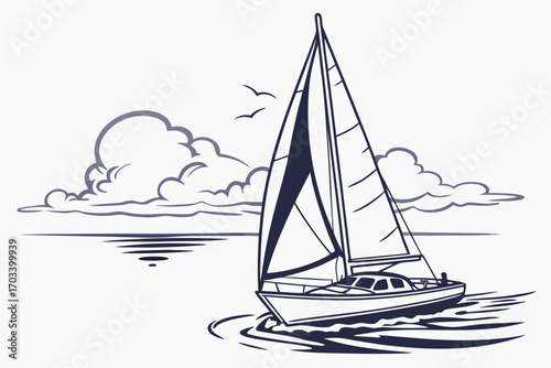 Sailboat gliding on ocean waves with birds.