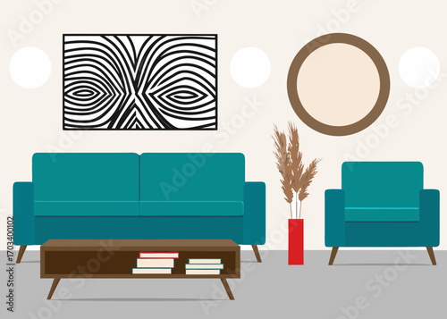 Modern living room with teal sofa armchair and abstract art