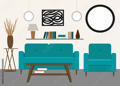 Modern living room with teal sofa and armchair and decorative elements