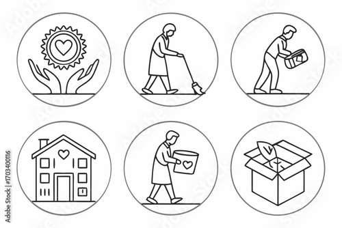 Set of Icons Representing Care Home and Giving.