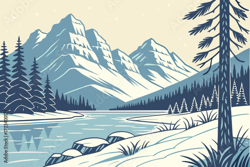 Serene Winter Mountain Landscape with Frozen Lake.