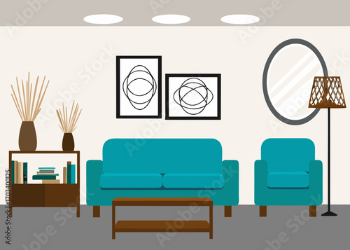 Modern living room interior with teal sofa and armchair