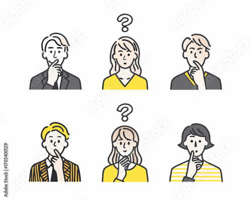 Diverse people thinking with question marks above their heads