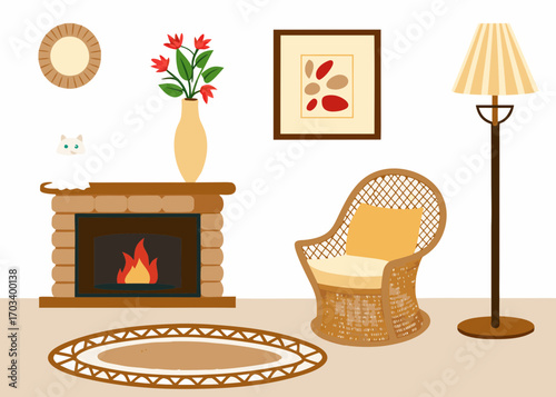 Cozy living room scene with fireplace armchair and floor lamp